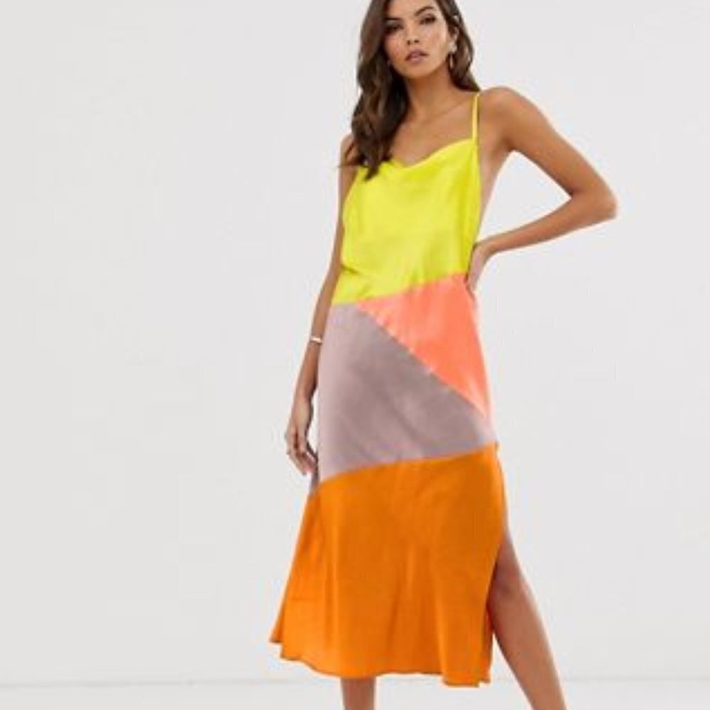 ASOS DESIGN midi slip dress in satin color block Size 4